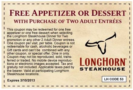 LongHorn Steakhouse Free Appetizer Coupon